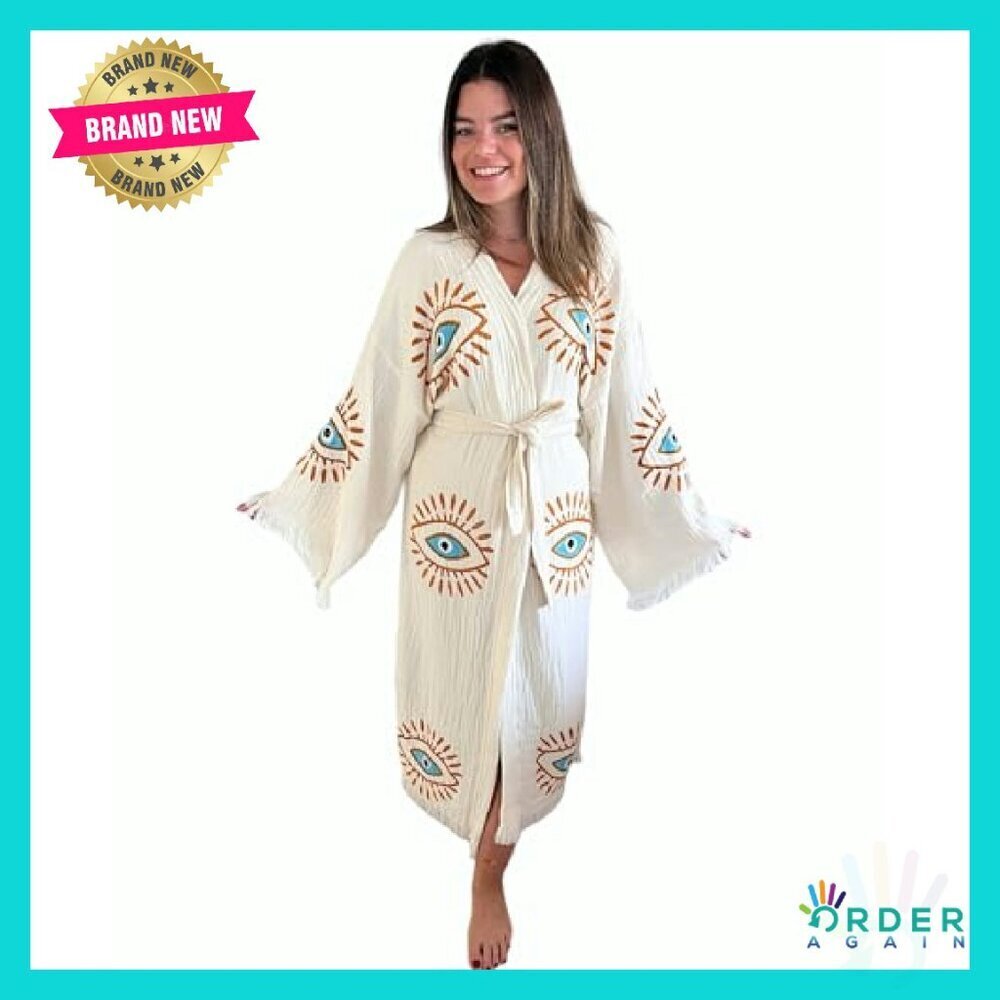 Handmade Evil Eye Kimono Boho Cotton Cardigan Festival Beach Cover Up - Picture 8 of 8